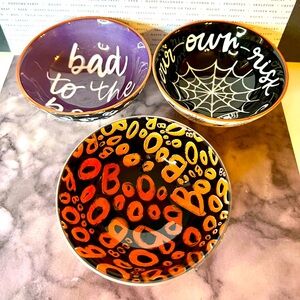 Set of 3 Ceramic Halloween Bowls Boo Cats Skulls Spiders Webs Bad to the Bone